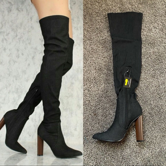 Black Denim Thigh High Boots - Picture 1 of 4